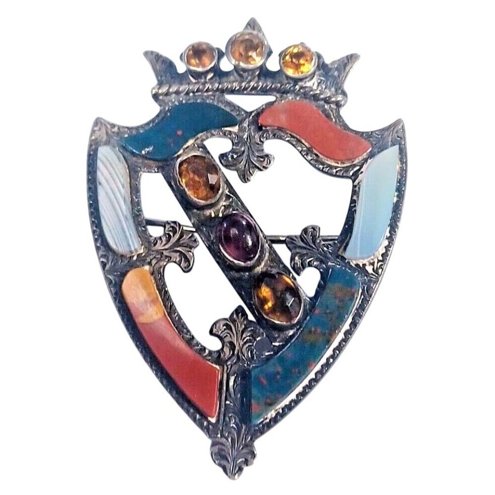 Victorian Sterling Silver Scottish Crest With Crown Agate Brooch Pin Circa 1890 - Picture 4 of 10